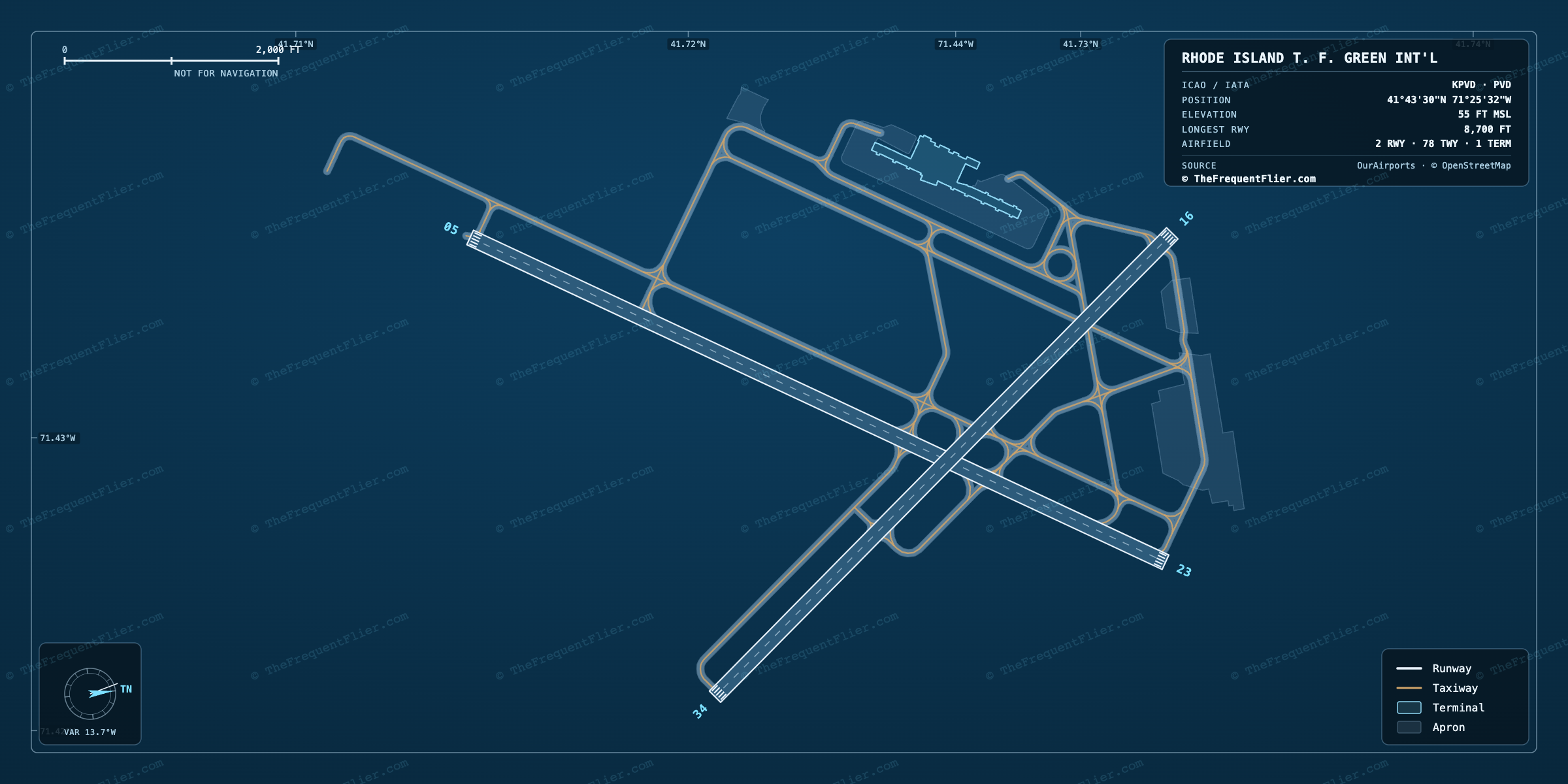 Rhode Island T. F. Green Int'l (PVD) airport diagram — runway and taxiway layout, drawn to scale