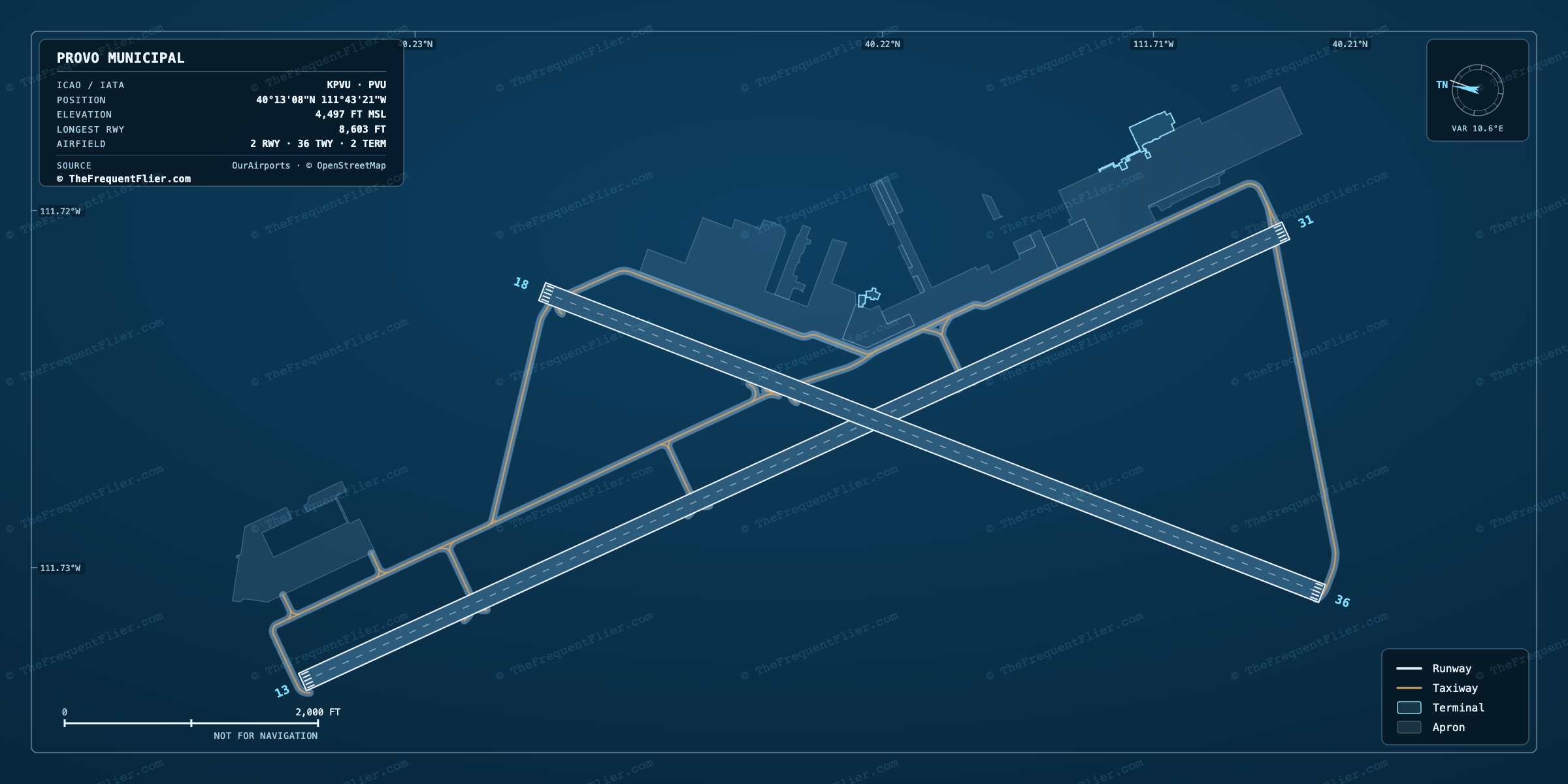 Provo Municipal (PVU) airport diagram — runway and taxiway layout, drawn to scale