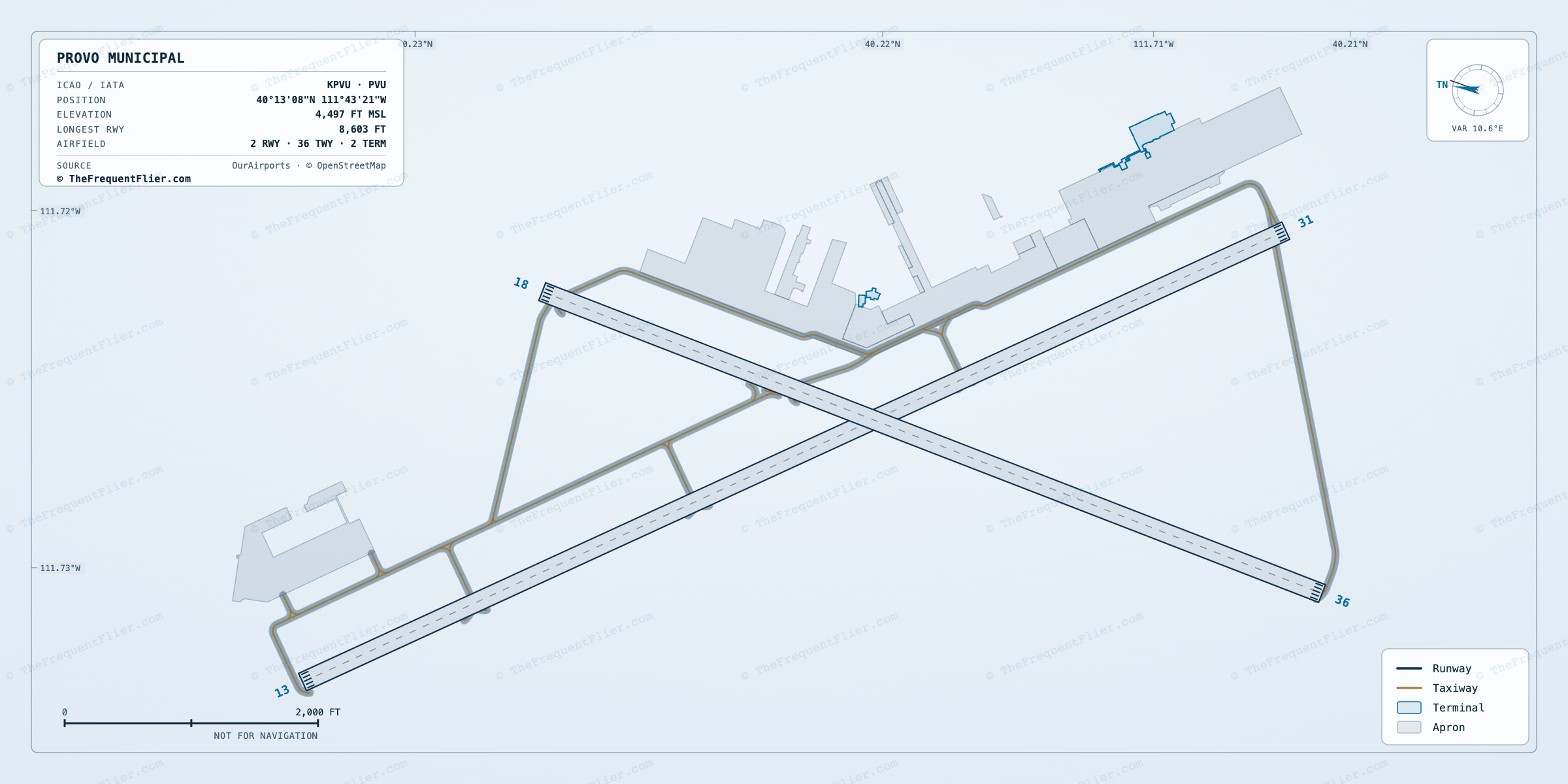 Provo Municipal (PVU) airport diagram — runway and taxiway layout, drawn to scale