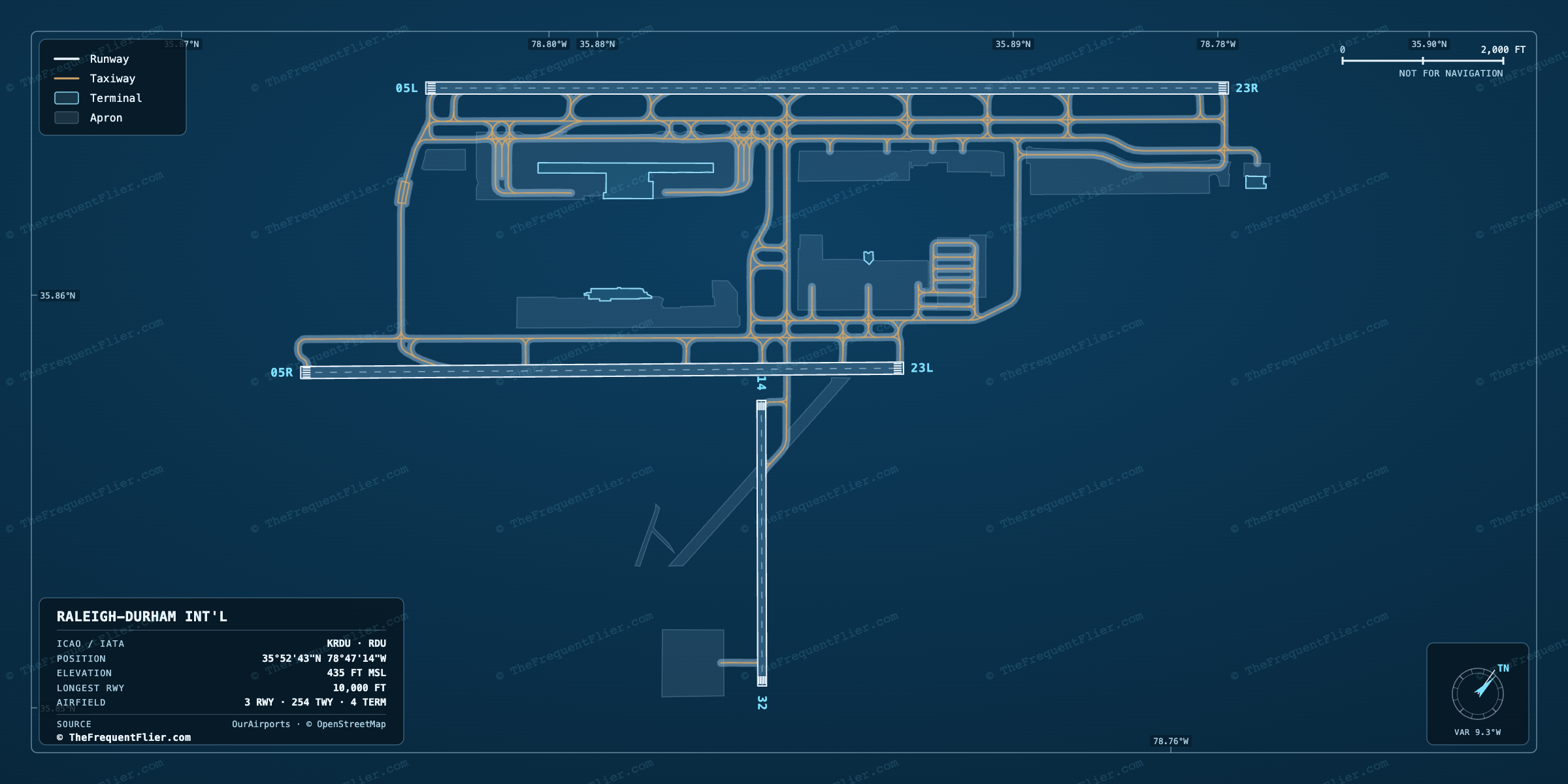 Raleigh-Durham Int'l (RDU) airport diagram — runway and taxiway layout, drawn to scale