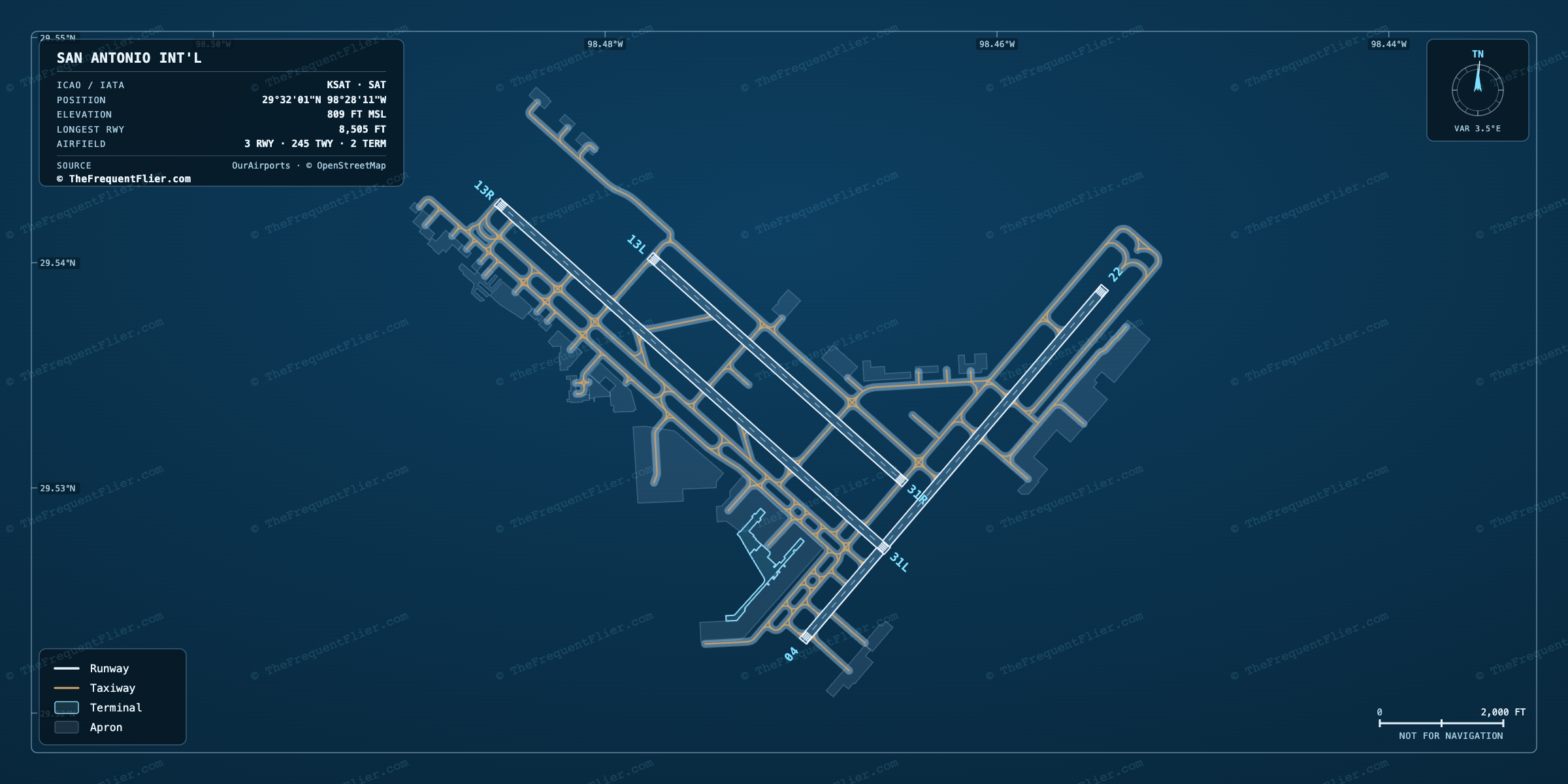 San Antonio Int'l (SAT) airport diagram — runway and taxiway layout, drawn to scale