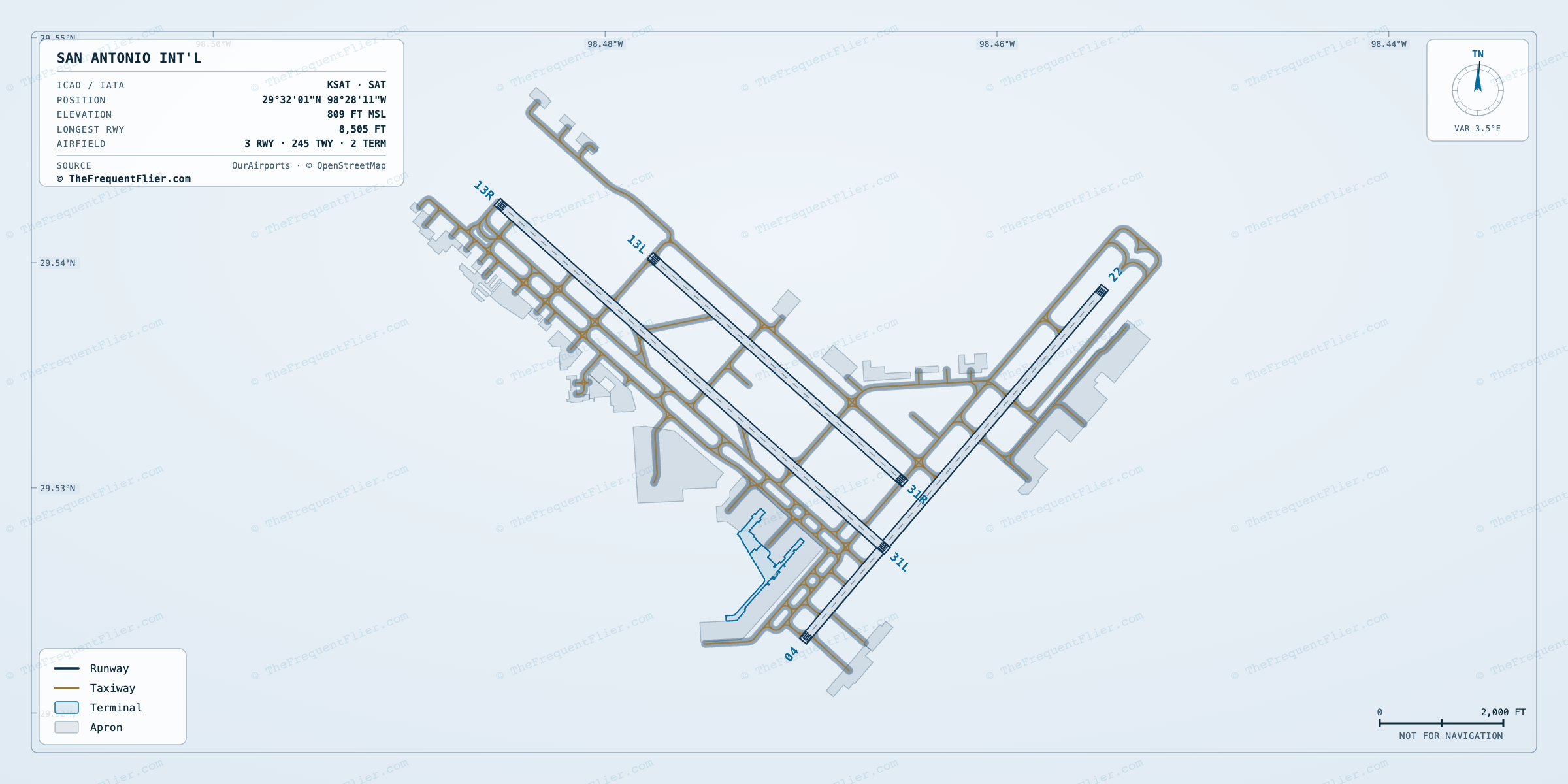 San Antonio Int'l (SAT) airport diagram — runway and taxiway layout, drawn to scale