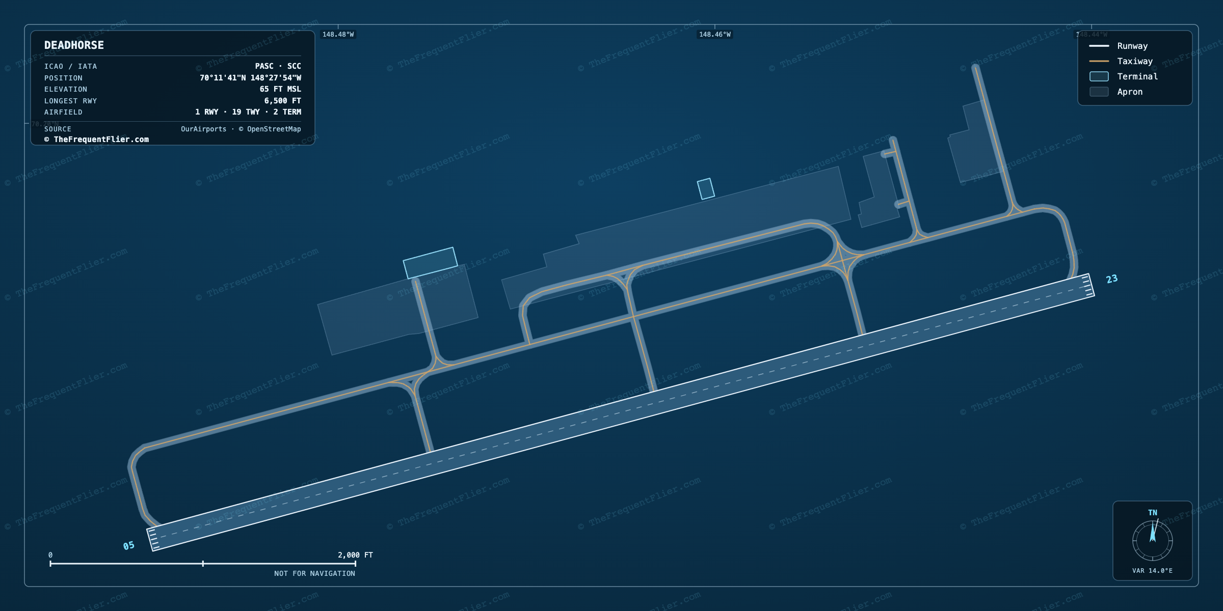 Deadhorse (SCC) airport diagram — runway and taxiway layout, drawn to scale