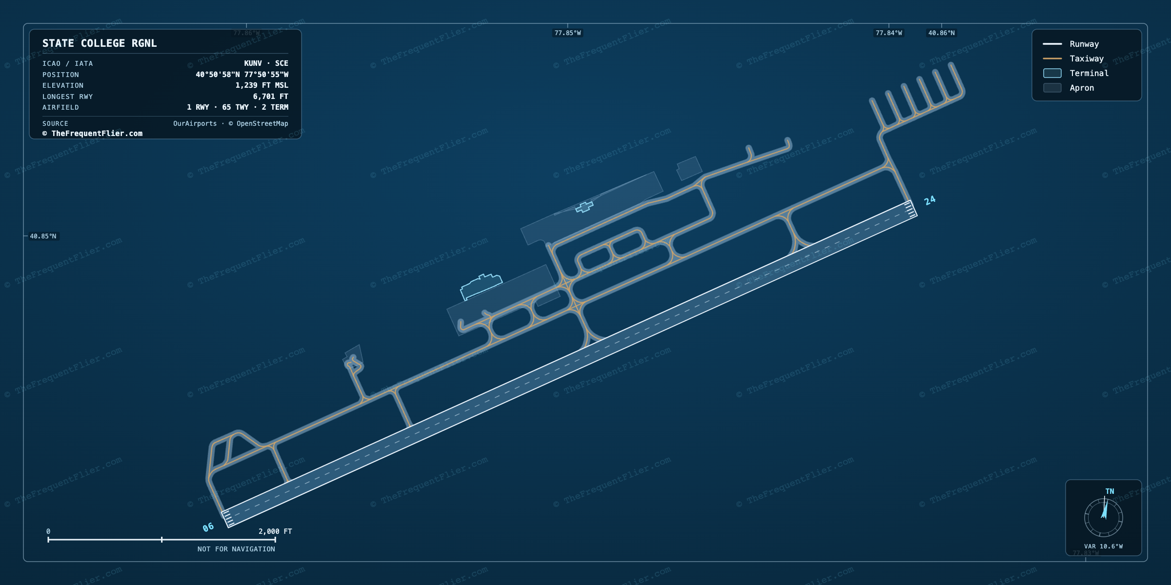 State College Rgnl (SCE) airport diagram — runway and taxiway layout, drawn to scale