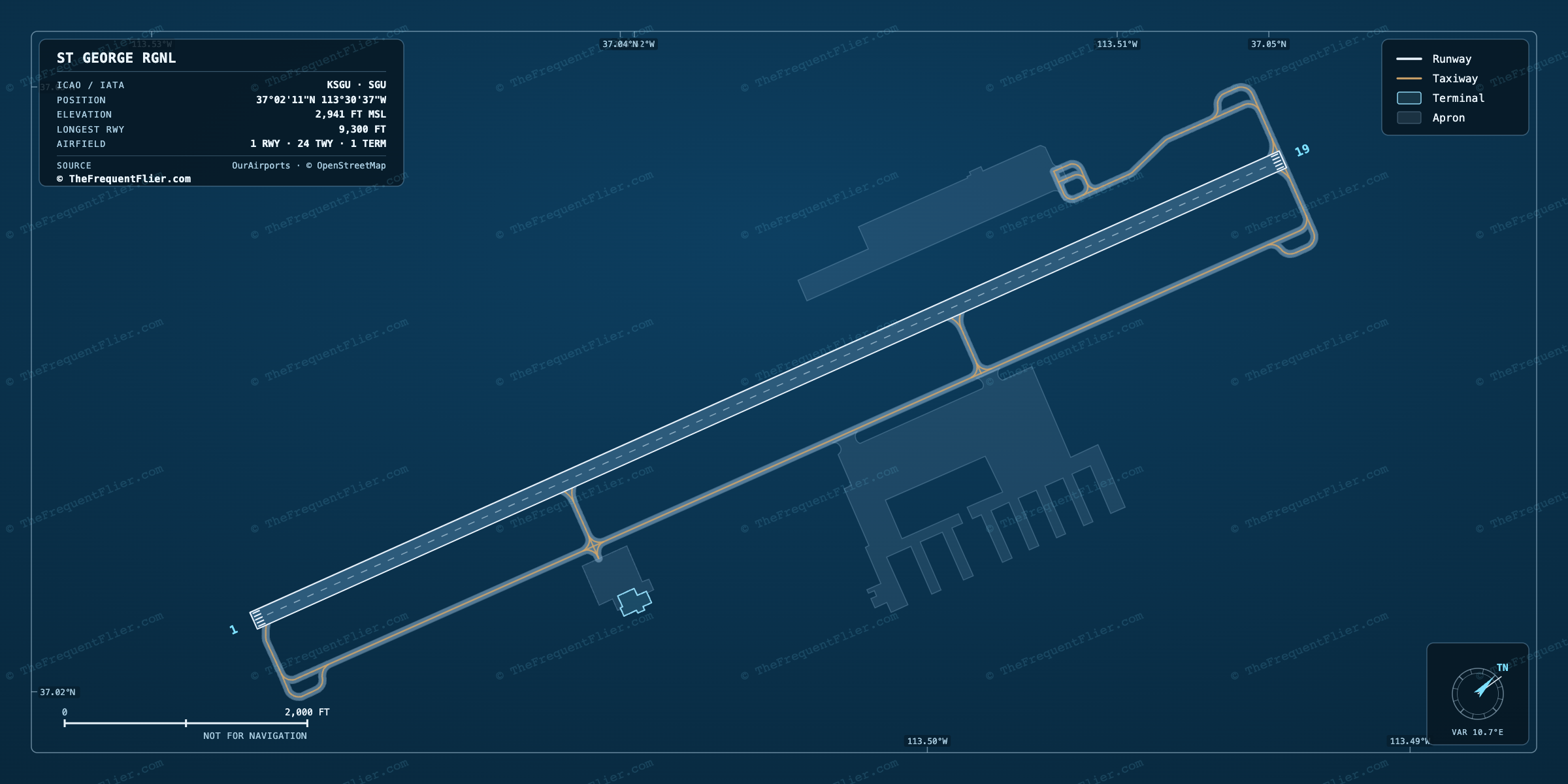 St George Rgnl (SGU) airport diagram — runway and taxiway layout, drawn to scale