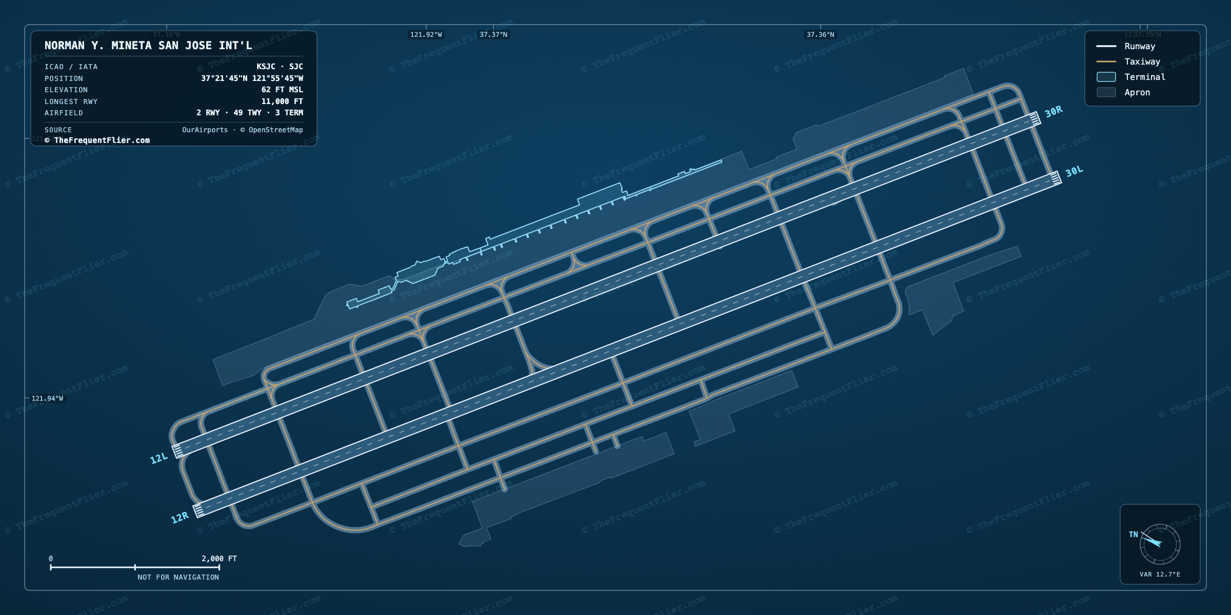Norman Y. Mineta San Jose Int'l (SJC) airport diagram — runway and taxiway layout, drawn to scale
