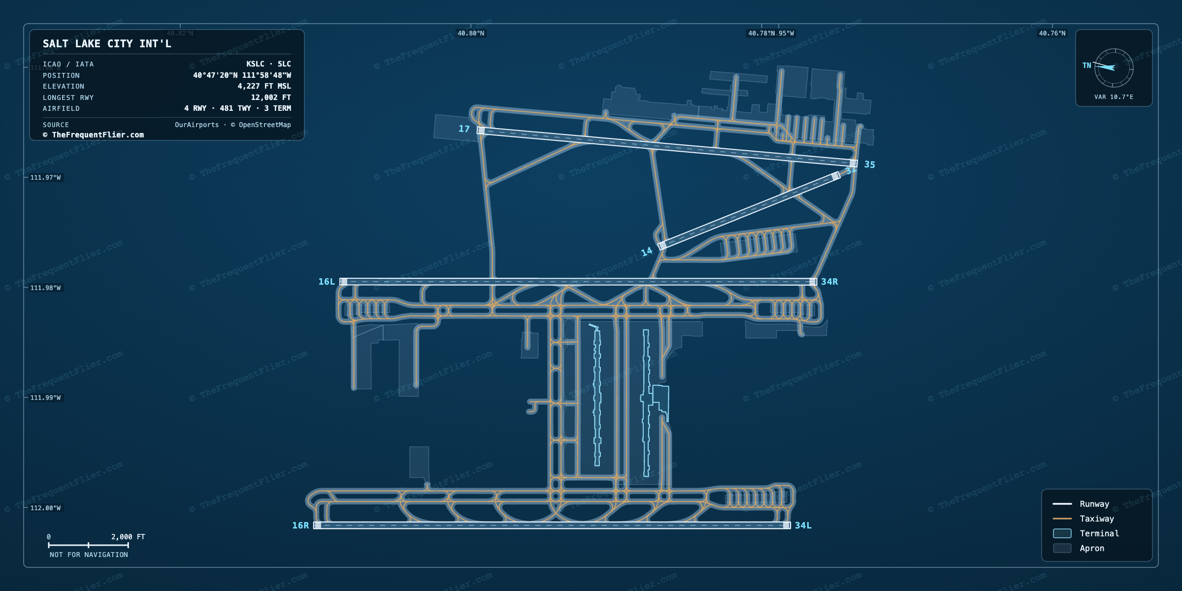 Salt Lake City Int'l (SLC) airport diagram — runway and taxiway layout, drawn to scale