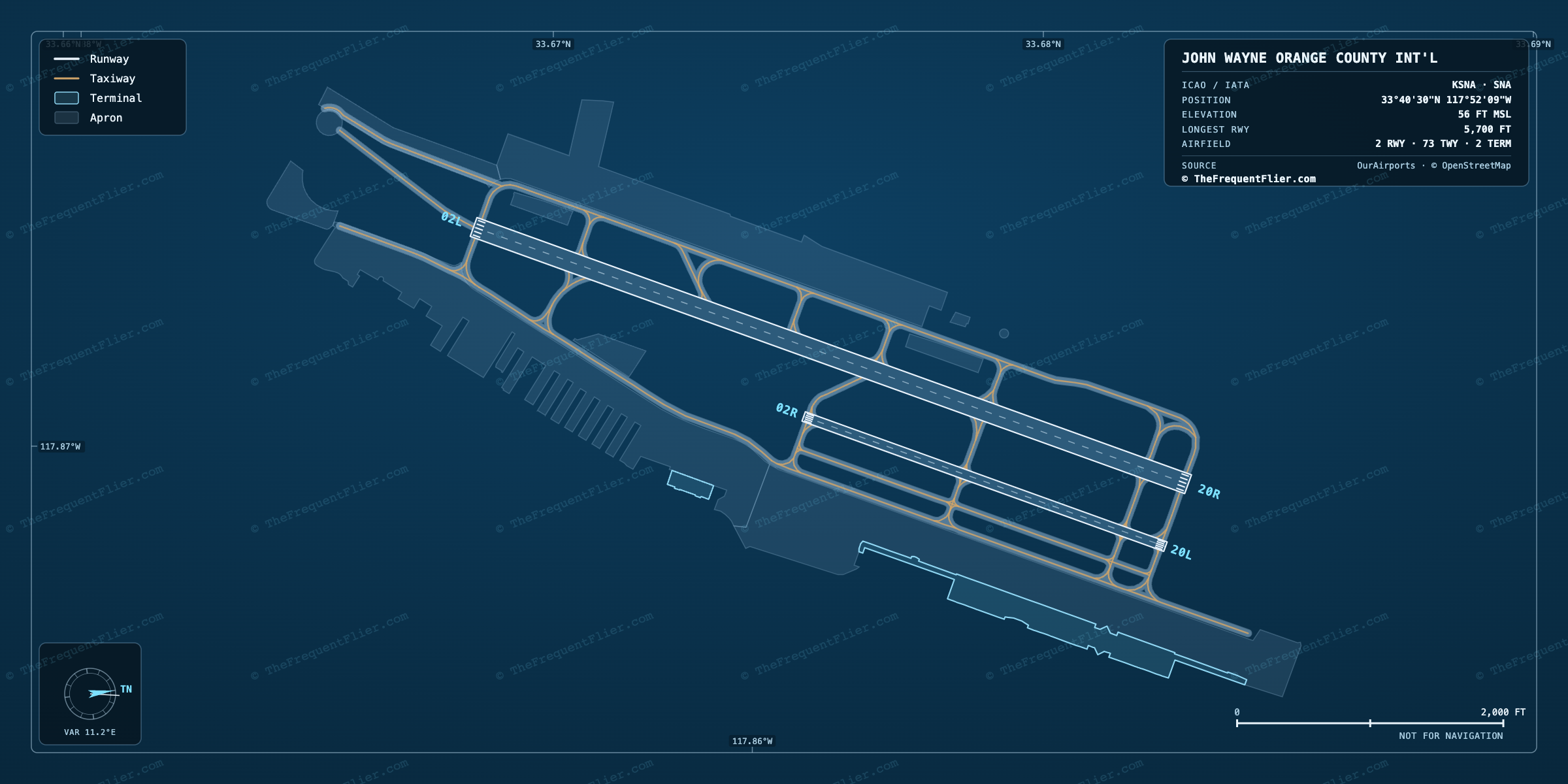 John Wayne Orange County Int'l (SNA) airport diagram — runway and taxiway layout, drawn to scale