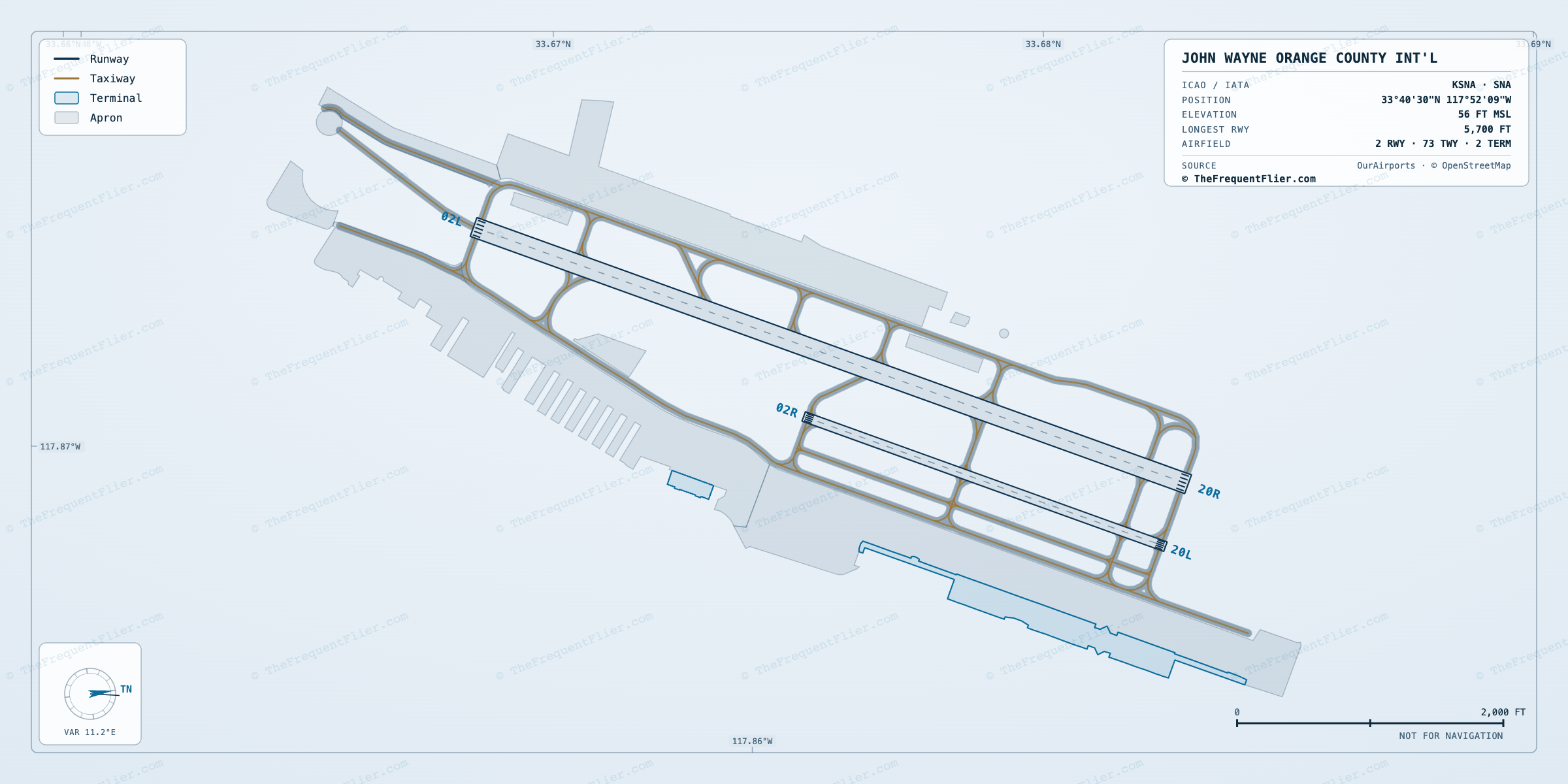 John Wayne Orange County Int'l (SNA) airport diagram — runway and taxiway layout, drawn to scale