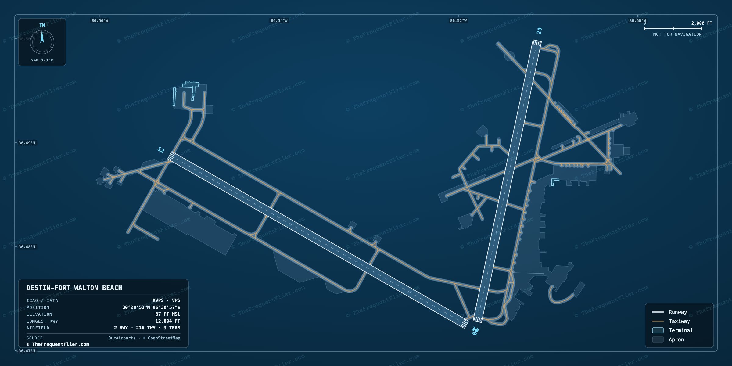 Destin-Fort Walton Beach (VPS) airport diagram — runway and taxiway layout, drawn to scale