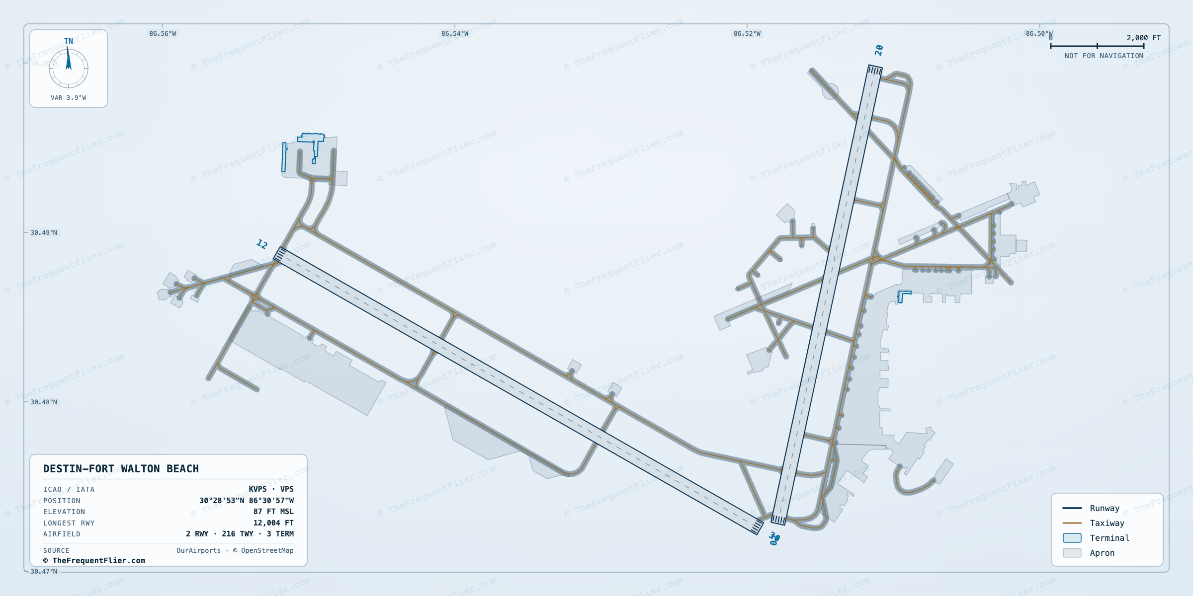 Destin-Fort Walton Beach (VPS) airport diagram — runway and taxiway layout, drawn to scale